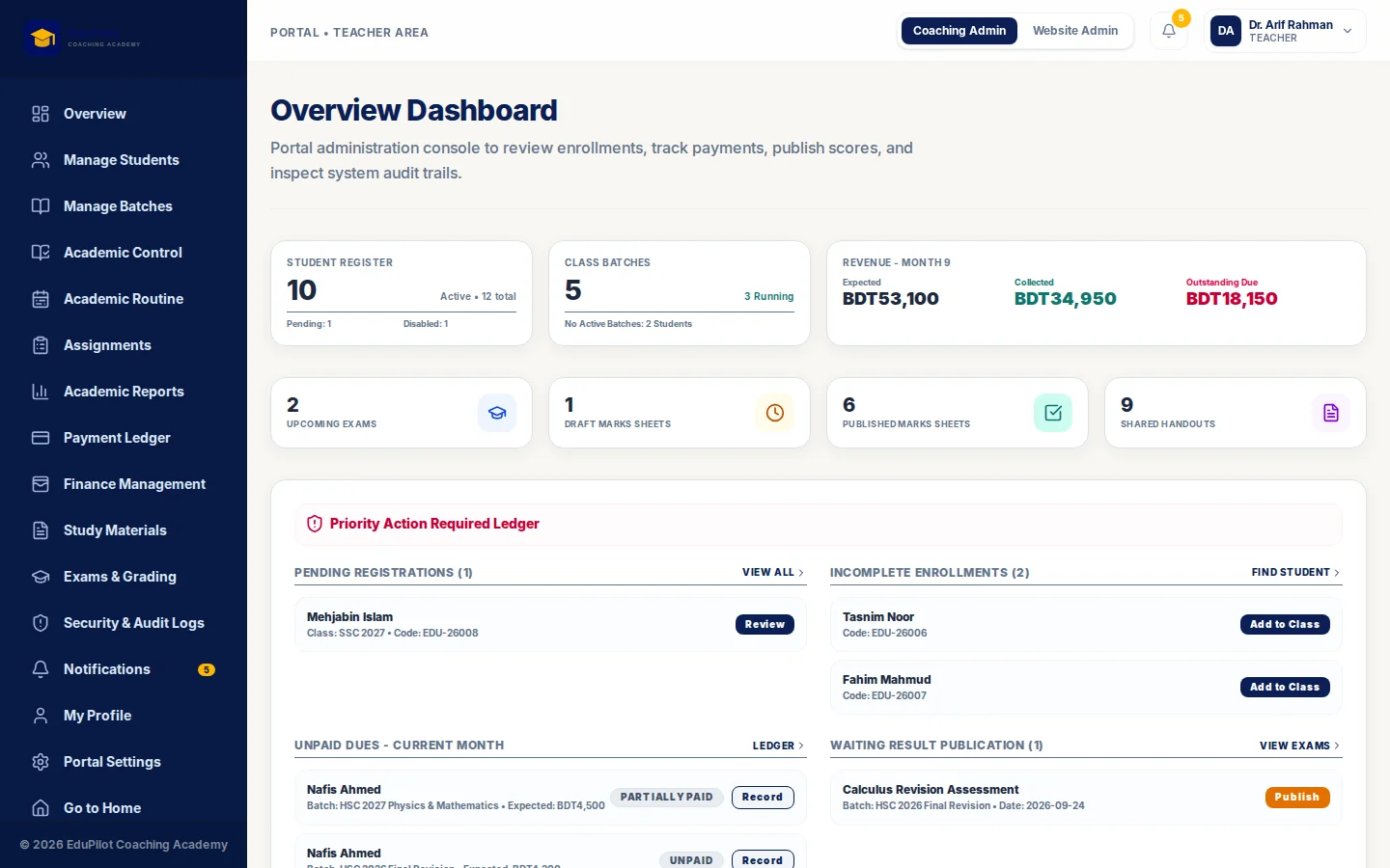 Effy Edu — Pending registrations, unpaid dues, results waiting to publish